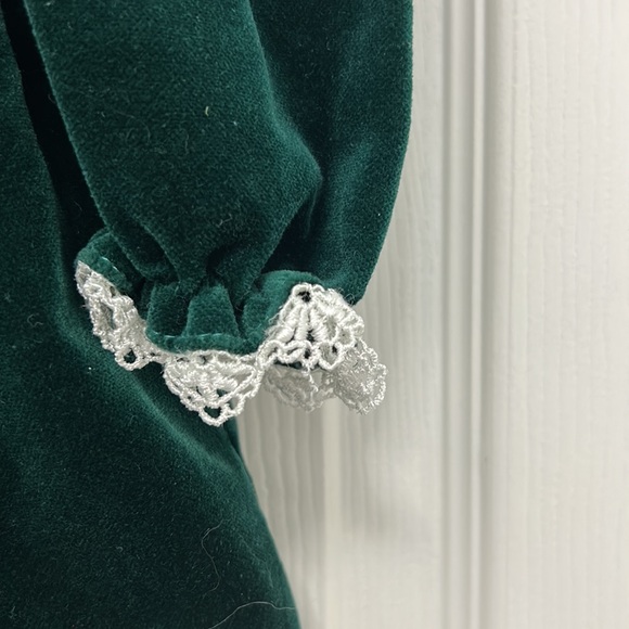 Jan Briggs VTG Christmas Dress Baby Girls Green Velvet Cream Ruffle Lace 18M - Picture 3 of 12
